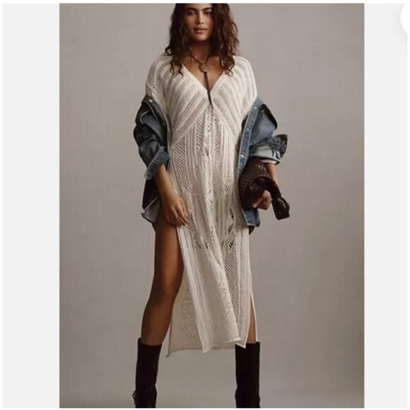 Anthropologie Open-Stitch Side-Slit Tunic Sweater Dress Duster Ivory M - Picture 1 of 11